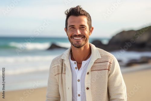 Group portrait photography of a Colombian man in his 30s against a beach background