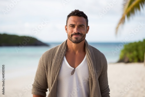 Portrait photography of a Colombian man in his 30s against a beach background