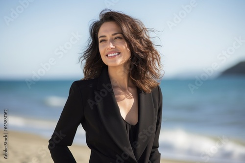 Lifestyle portrait photography of a Colombian woman in her 40s wearing a sleek suit against a beach background © Anne Schaum