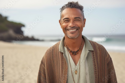 Medium shot portrait photography of a Colombian man in his 50s against a beach background