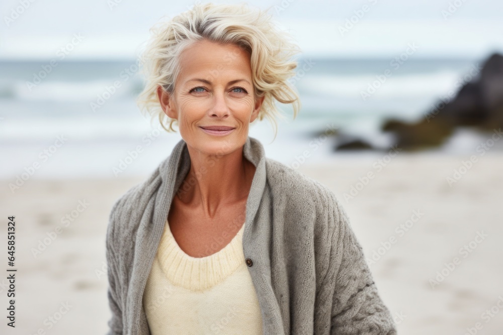 Portrait photography of a Swedish woman in her 50s against a beach background