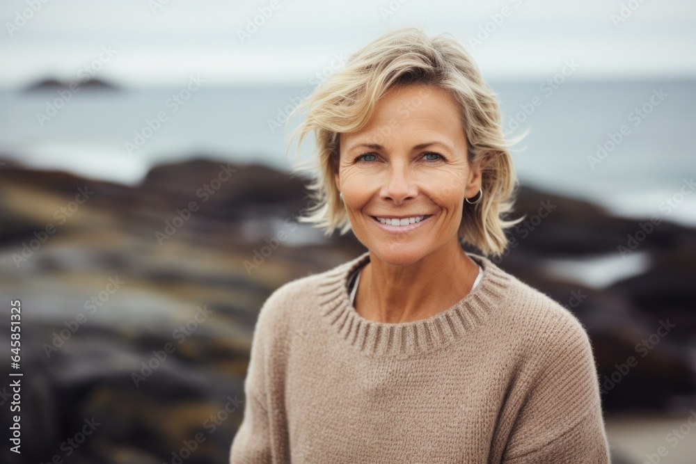 Portrait photography of a Swedish woman in her 50s against a beach background Portrait photography of a Swedish woman in her 50s against a beach background
