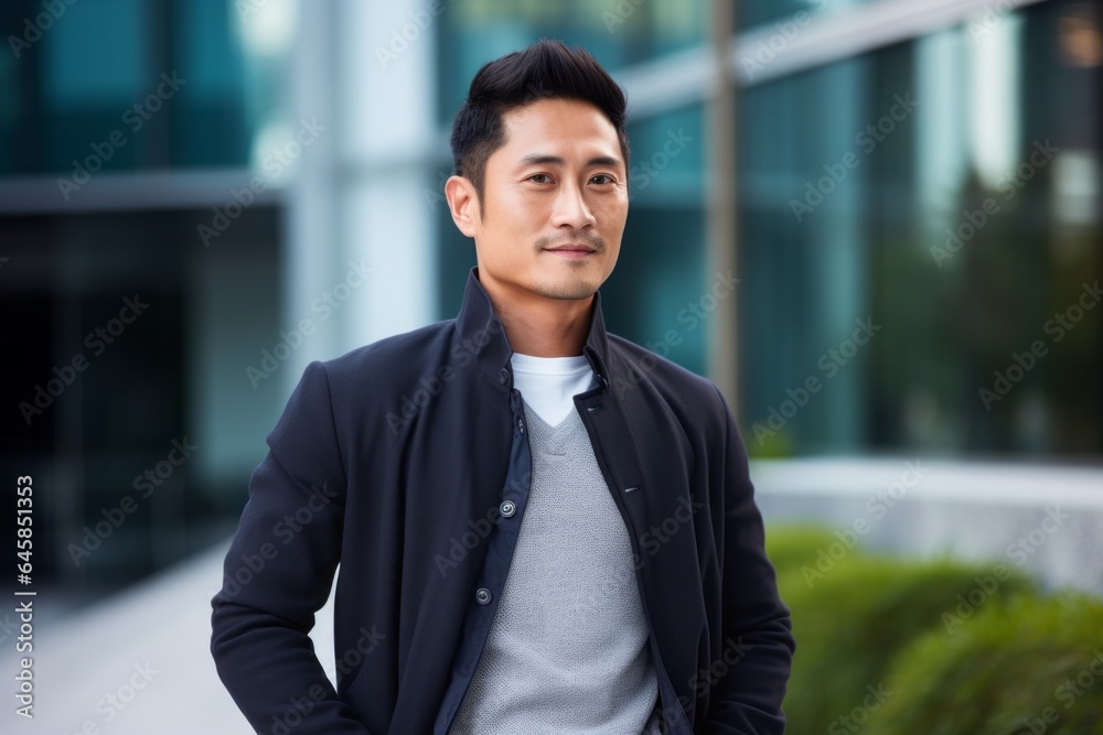 Portrait photography of a Vietnamese man in his 30s against a modern architectural background Portrait photography of a Vietnamese man in his 30s against a modern architectural background