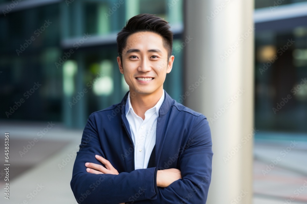 Portrait photography of a Vietnamese man in his 30s against a modern architectural background Portrait photography of a Vietnamese man in his 30s against a modern architectural background
