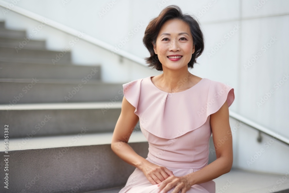 Group portrait photography of a Vietnamese woman in her 50s wearing a casual t-shirt against a modern architectural background