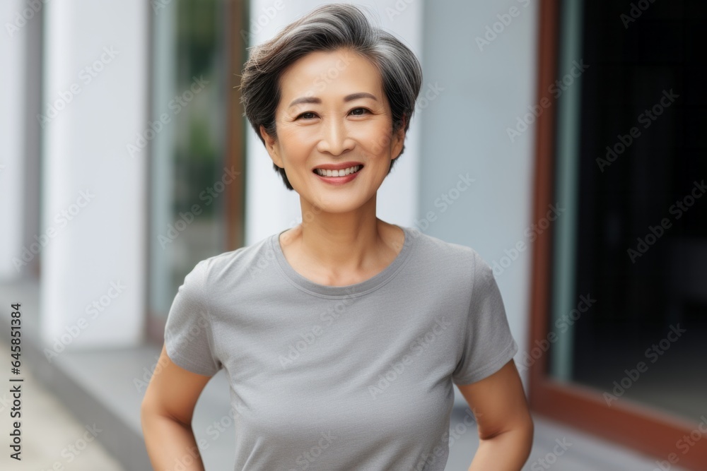 Group portrait photography of a Vietnamese woman in her 50s wearing a casual t-shirt against a modern architectural background Group portrait photography of a Vietnamese woman in her 50s wearing a casual t-shirt against a modern architectural background
