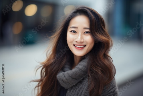 Medium shot portrait photography of a Vietnamese woman in her 30s wearing a cozy sweater against a modern architectural background