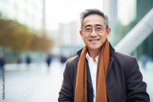 Medium shot portrait photography of a Vietnamese man in his 50s against a modern architectural background