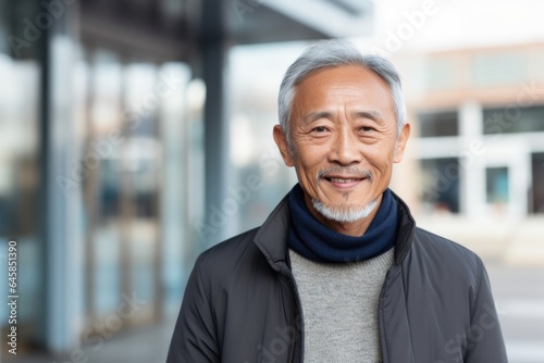 Medium shot portrait photography of a Vietnamese man in his 60s against a modern architectural background