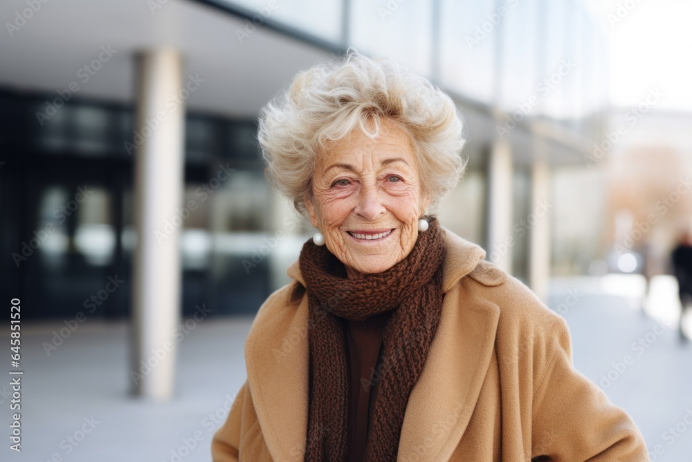 Medium shot portrait photography of a French woman in her 90s against a modern architectural background