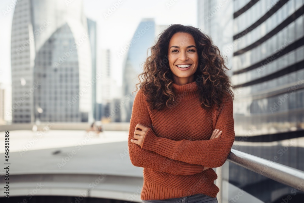 Fototapeta premium Lifestyle portrait photography of a Colombian woman in her 40s wearing a cozy sweater against a modern architectural background