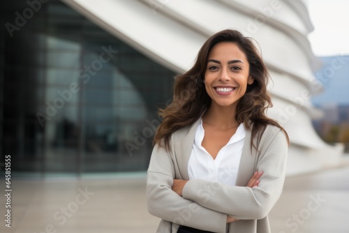 Portrait photography of a Colombian woman in her 30s against a modern architectural background