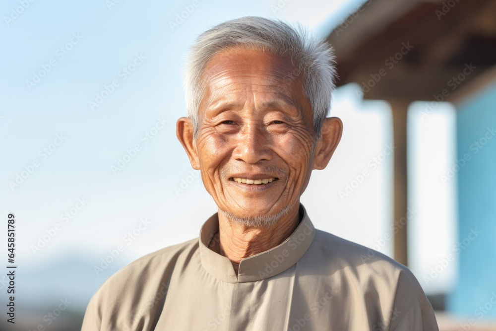 Portrait photography of a 100-year-old elderly Vietnamese man wearing a simple tunic against an abstract background Portrait photography of a 100-year-old elderly Vietnamese man wearing a simple tunic against an abstract background