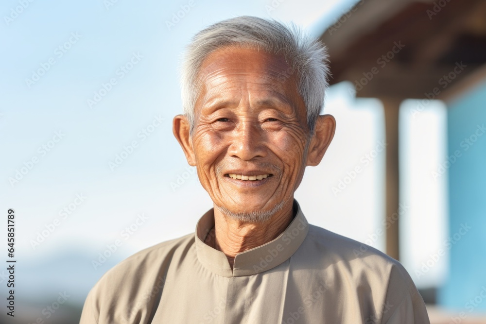 Portrait photography of a 100-year-old elderly Vietnamese man wearing a simple tunic against an abstract background