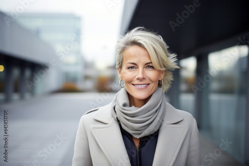 Portrait photography of a Swedish woman in her 50s against a modern architectural background photo