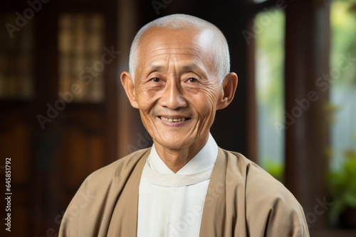 Portrait photography of a 100-year-old elderly Vietnamese man wearing a simple tunic against an abstract background