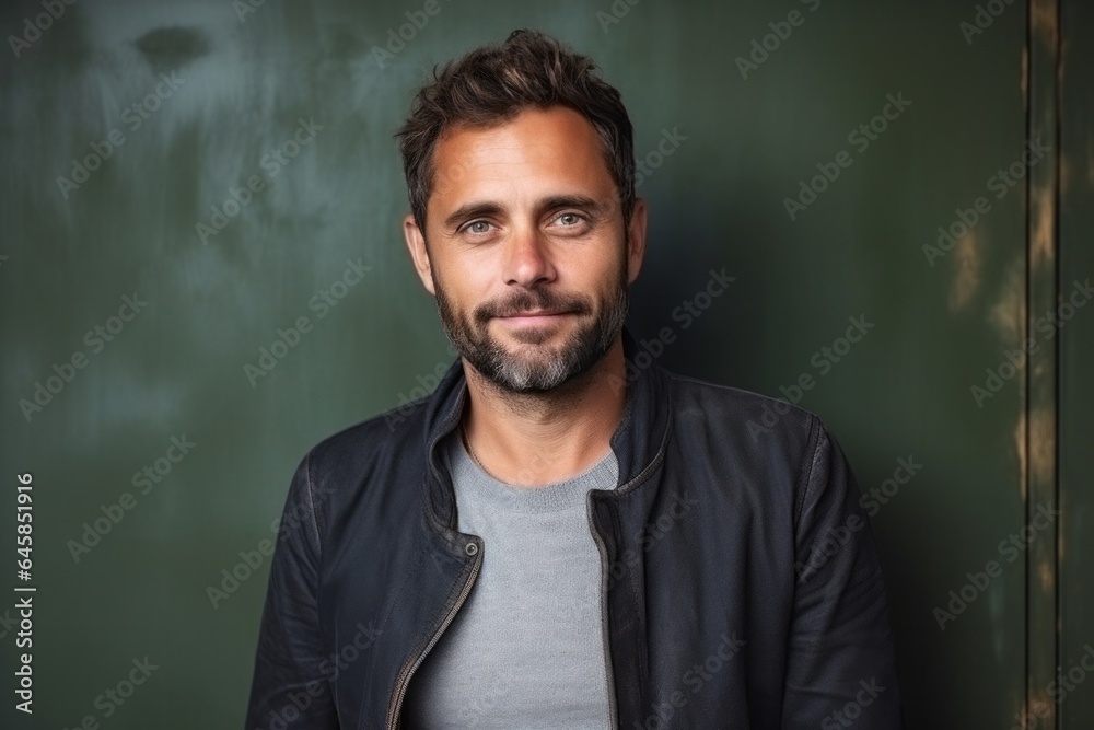 Medium shot portrait photography of a French man in his 30s against an abstract background