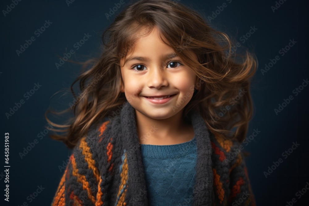Portrait photography of a Colombian child female wearing a cozy sweater against an abstract background Portrait photography of a Colombian child female wearing a cozy sweater against an abstract background