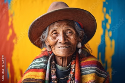 Lifestyle portrait photography of a 100-year-old elderly Peruvian woman against an abstract background