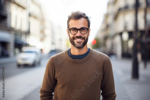 Lifestyle portrait photography of a French man in his 30s against an abstract background