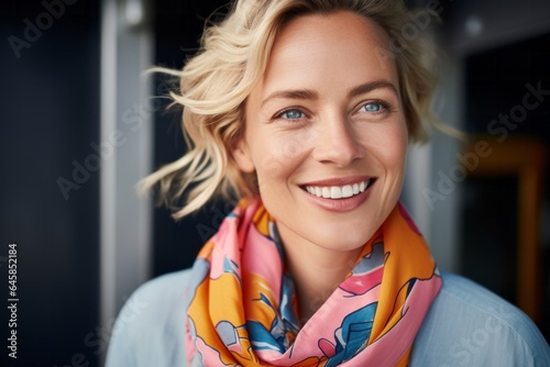 Close-up portrait photography of a Swedish woman in her 30s wearing a foulard against an abstract background photo