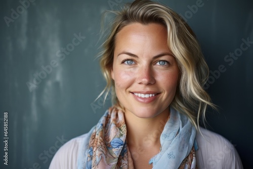 Close-up portrait photography of a Swedish woman in her 30s wearing a foulard against an abstract background