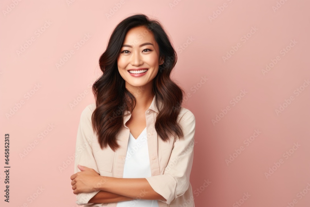 Close-up portrait photography of a Vietnamese woman in her 30s wearing knee-length shorts against a pastel or soft colors background Close-up portrait photography of a Vietnamese woman in her 30s wearing knee-length shorts against a pastel or soft colors background
