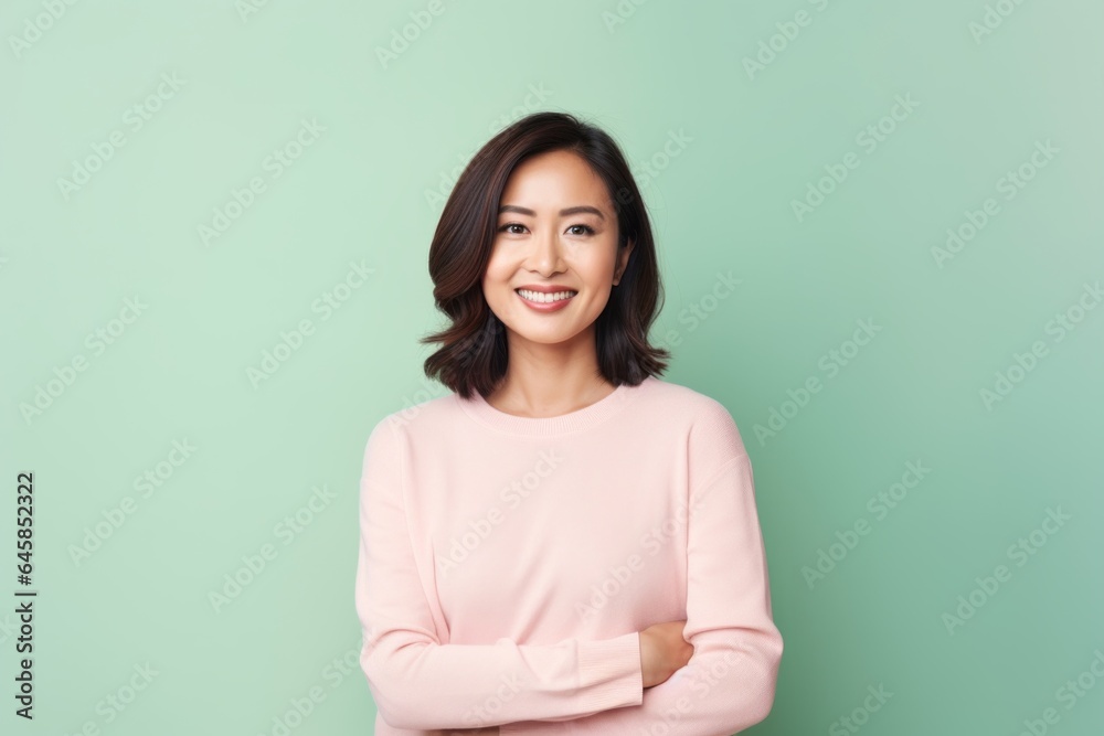 Portrait photography of a Vietnamese woman in her 30s against a pastel or soft colors background Portrait photography of a Vietnamese woman in her 30s against a pastel or soft colors background