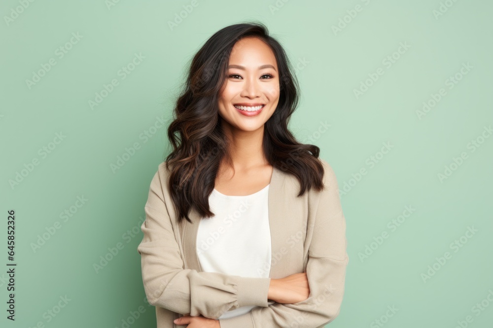 Portrait photography of a Vietnamese woman in her 30s against a pastel or soft colors background Portrait photography of a Vietnamese woman in her 30s against a pastel or soft colors background