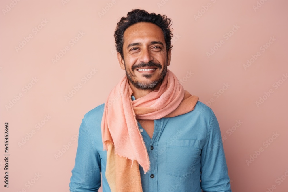 Lifestyle portrait photography of a Peruvian man in his 30s wearing a foulard against a pastel or soft colors background Lifestyle portrait photography of a Peruvian man in his 30s wearing a foulard against a pastel or soft colors background