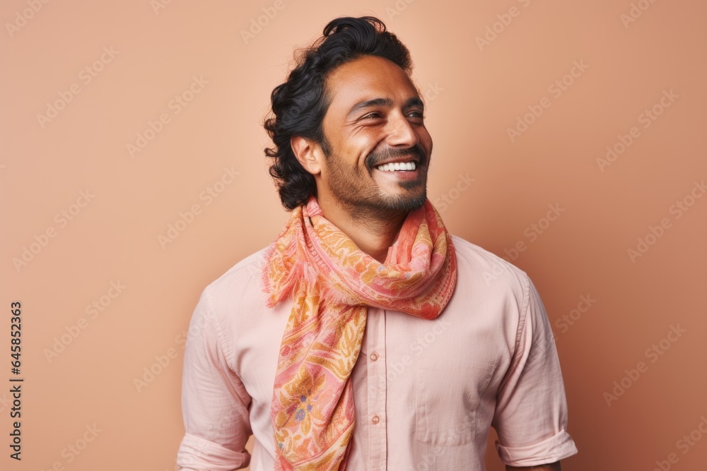 Lifestyle portrait photography of a Peruvian man in his 30s wearing a foulard against a pastel or soft colors background Lifestyle portrait photography of a Peruvian man in his 30s wearing a foulard against a pastel or soft colors background