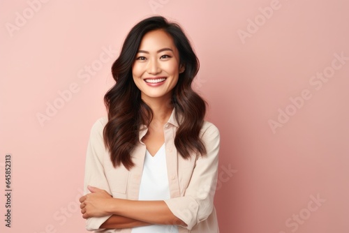 Close-up portrait photography of a Vietnamese woman in her 30s wearing knee-length shorts against a pastel or soft colors background