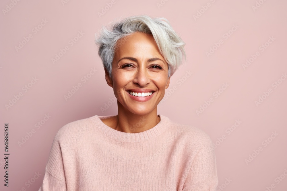 Medium shot portrait photography of a Colombian woman in her 50s wearing a cozy sweater against a pastel or soft colors background Medium shot portrait photography of a Colombian woman in her 50s wearing a cozy sweater against a pastel or soft colors background
