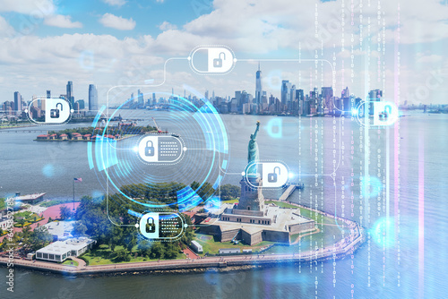 Aerial panoramic helicopter city view of Lower Manhattan, Downtown, New York, New Jersey, and Statue of Liberty. Decentralized economy. Blockchain, cryptography and cryptocurrency concept, hologram