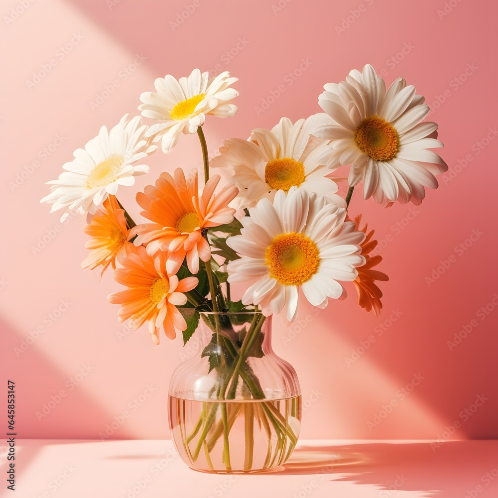 Floral spring concept of fresh flowers. Daisy flowers in the vase on pink background. Floral spring concept of fresh flowers. Daisy flowers in the vase on pink background.