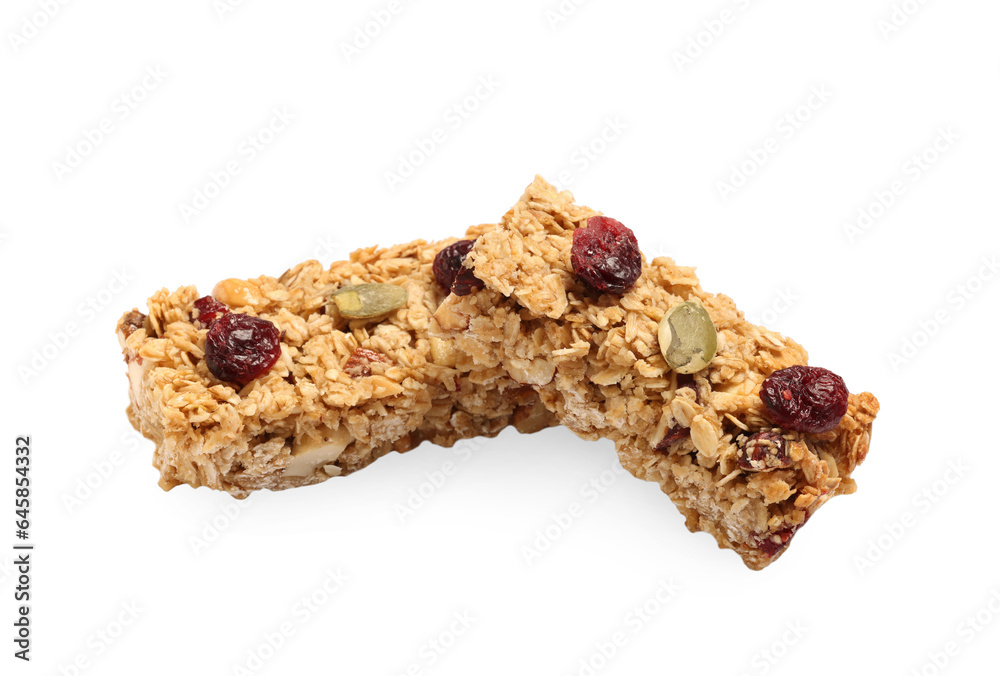 Tasty granola bars with berries isolated on white