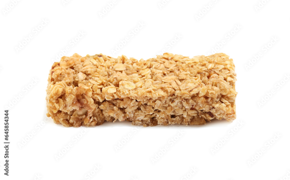 One tasty granola bar isolated on white One tasty granola bar isolated on white