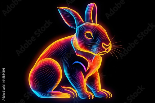 A colorful neon glowing sticker of a rabbit on a black background
