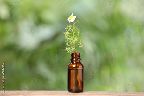 Bottle with essential oil and chamomile on wooden table against blurred green background