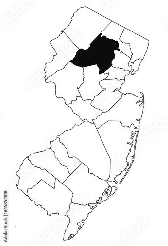 Map of Morris County in new jersey state on white background. single County map highlighted by black colour on new jersey map . photo