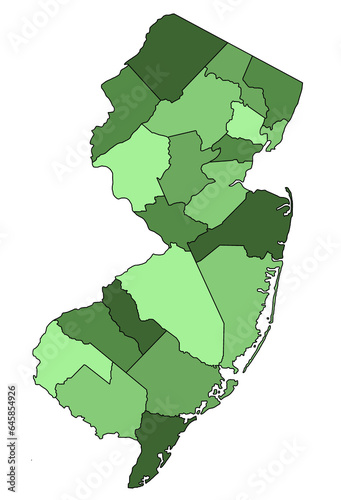 green new jersey administrative map. counties map of new jersey with different colours, blank Map, empty map of new jersey.
