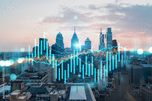 Skyscrapers Cityscape Downtown View, Philadelphia Skyline Buildings. Beautiful Real Estate. Sunset. Forex Financial graph and chart hologram. Business education concept.