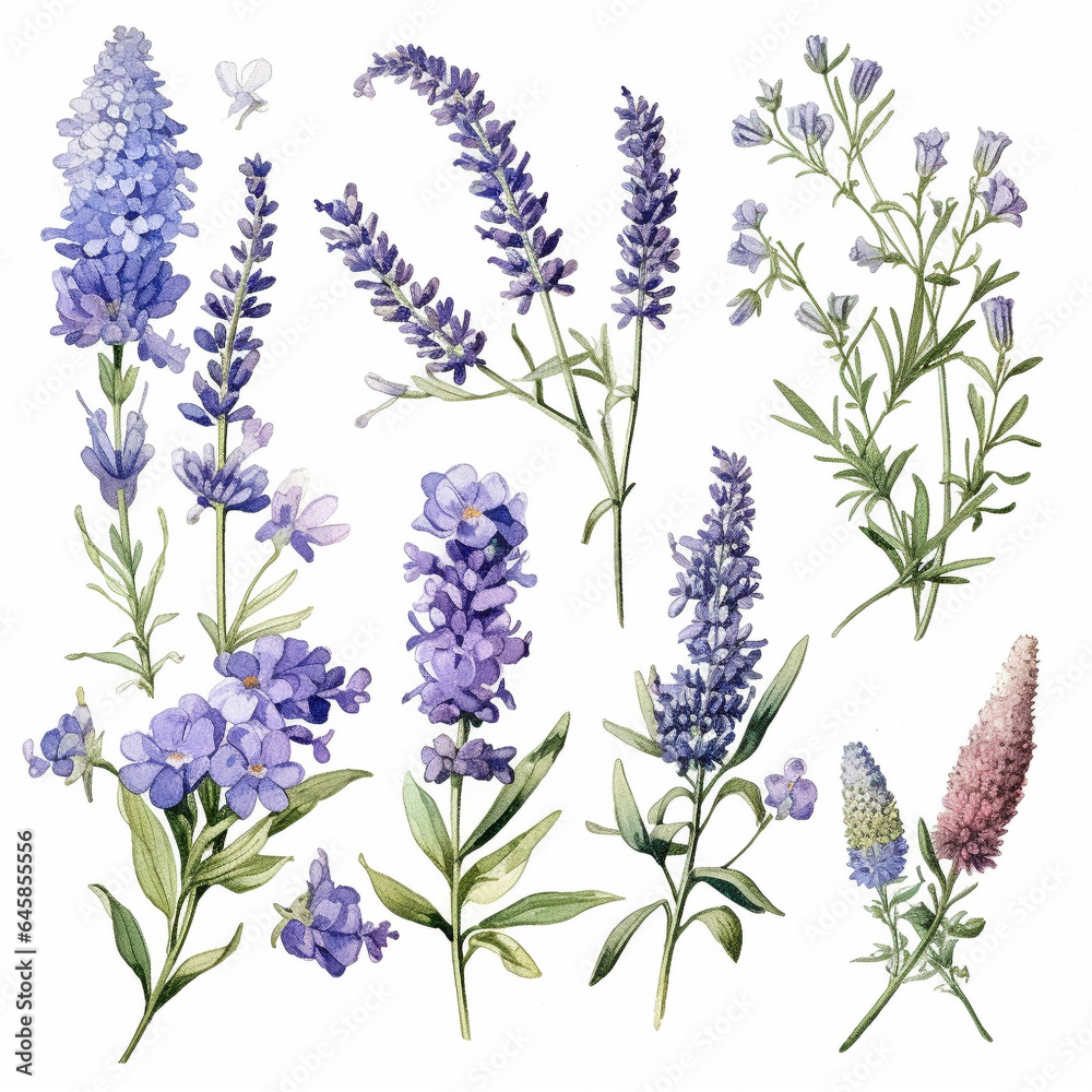 Fototapeta premium Different types of lavender on white background.