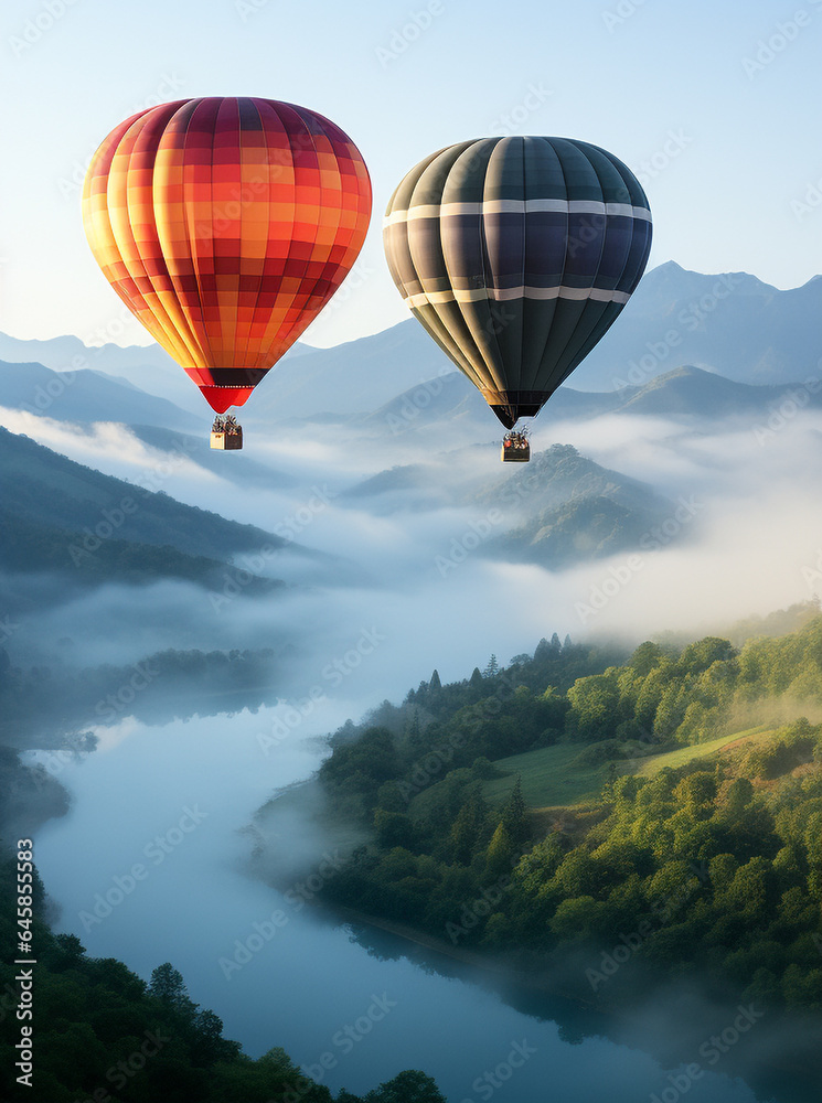 Fototapeta premium hot air balloons fly over the mountains. 