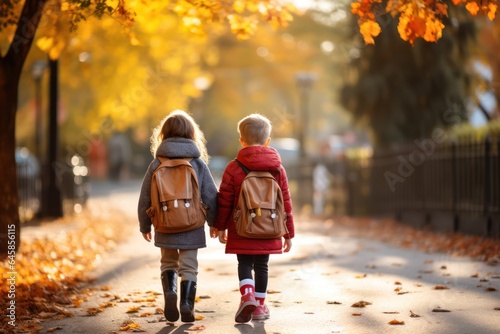 Two Young Students, First Graders, Walking Together to School with Backpacks