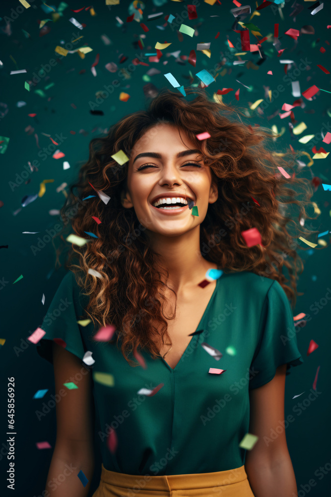 Joyful woman surrounded by confetti against a green wall