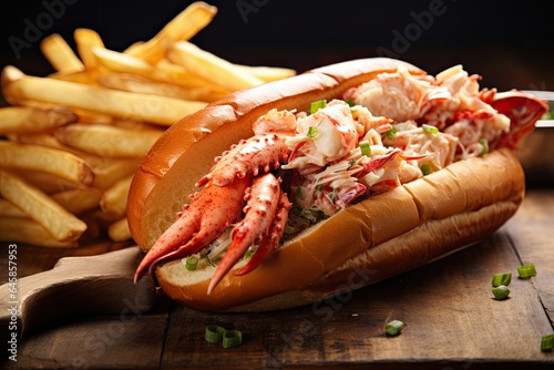 Lobster Roll with a side of crispy fries, with a vibrant color-enhancing,New England Homemade. Generative AI
