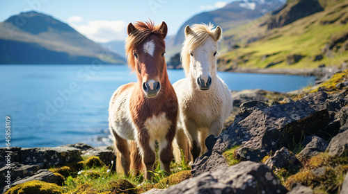 two Icelandic horses on the shore of a lake. Generative AI.