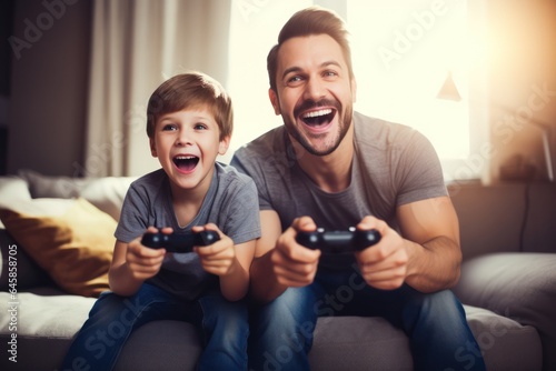 Family gaming time at its best: a Caucasian father and his son fully immersed in the game, laughing