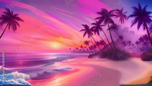 beach at sunset with palm trees swaying in the breeze  gentle waves.